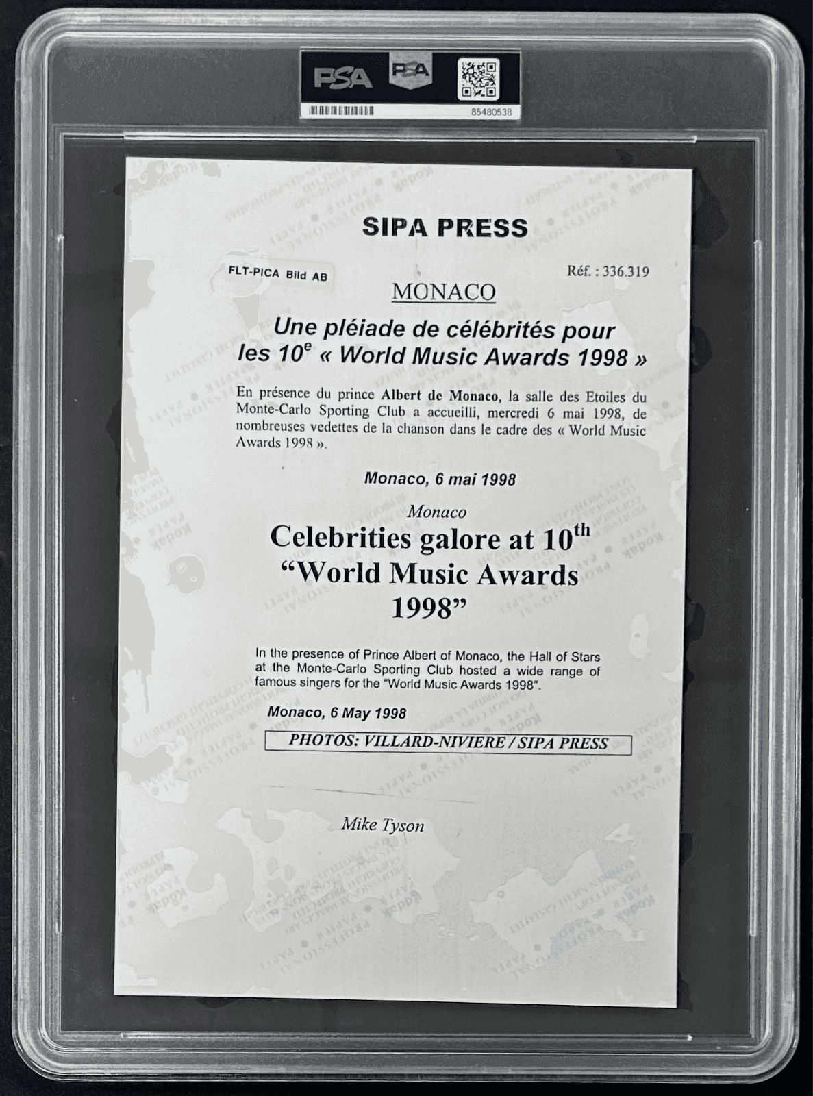 Mike Tyson Signed Original 1998 Type 1 Photograph PSA/DNA 10th World Music Award Mike Tyson Photo mike-tyson-original-1998-type-1, view 3, supplier stock photo