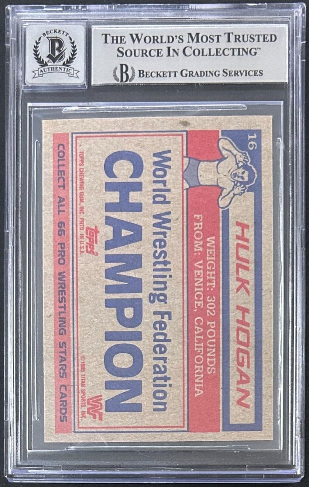 Hulk Hogan Autographed Signed 1985 Topps WWF Card #16 Beckett Auto 10 15333188 Hulk Hogan Card 15333188, view 2, supplier stock photo