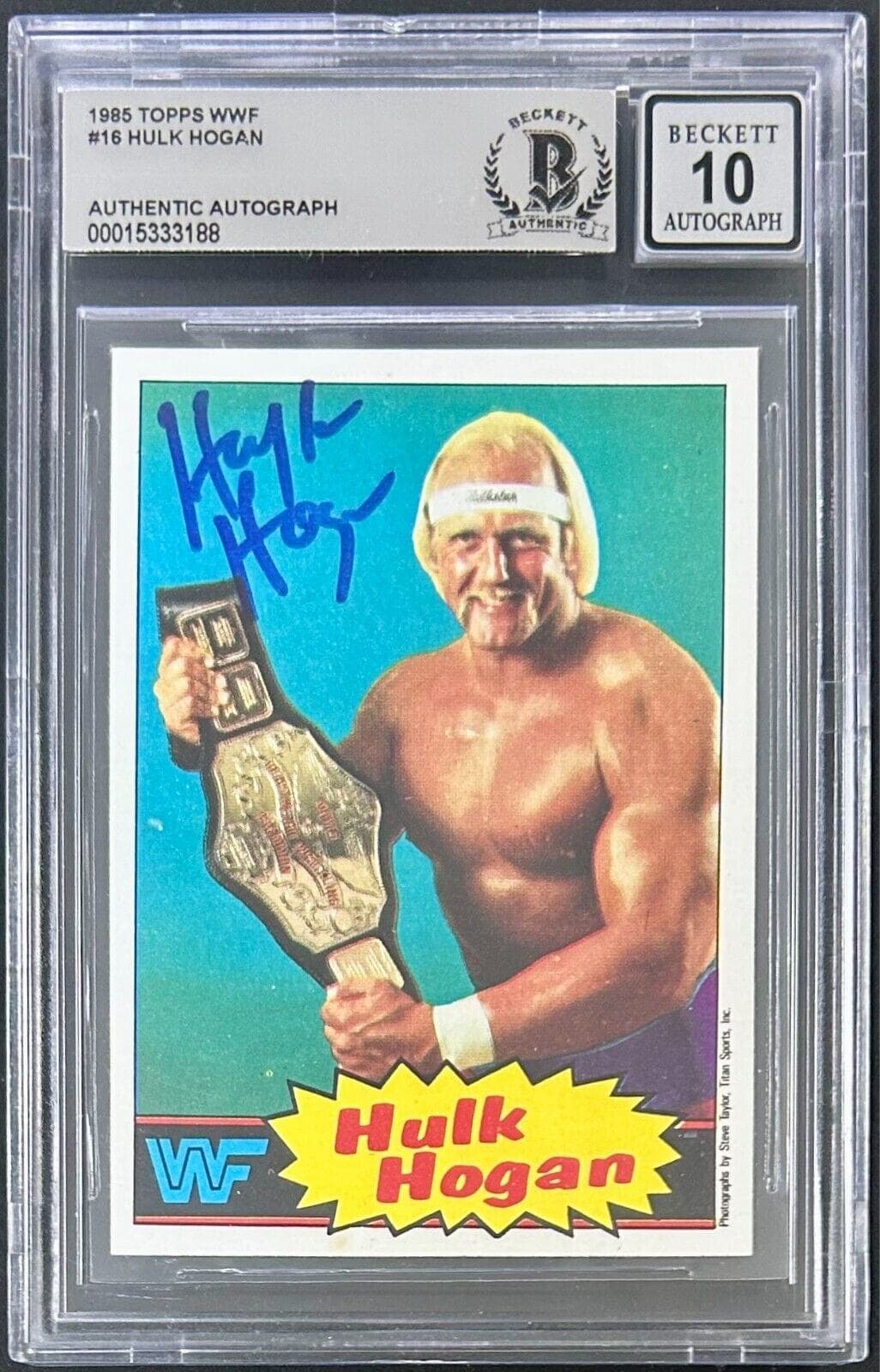Hulk Hogan Autographed Signed 1985 Topps WWF Card #16 Beckett Auto 10 15333188 Hulk Hogan Card 15333188, supplier stock photo