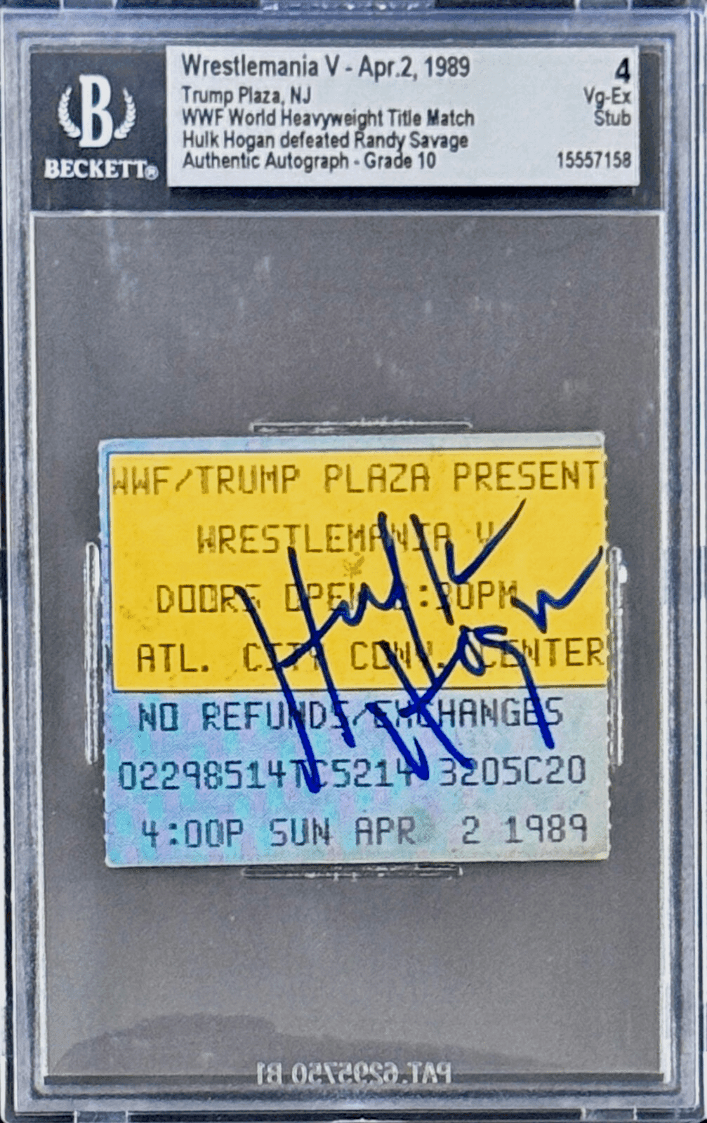 Hulk Hogan Signed WrestleMania V Ticket Stub Beckett 4 VG-EX Macho Man Hulk Hogan Ticket Stub hulk-hogan-wrestlemania-4-vg-ex, supplier stock photo