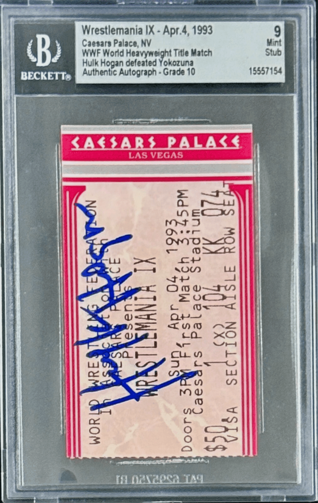 Hulk Hogan Signed WWF WrestleMania IX Ticket Stub Beckett 9 Mint Def. Yokozuna Hulk Hogan Ticket Stub hulk-hogan-wwf-wrestlemania-ix-9, view 2, supplier stock photo