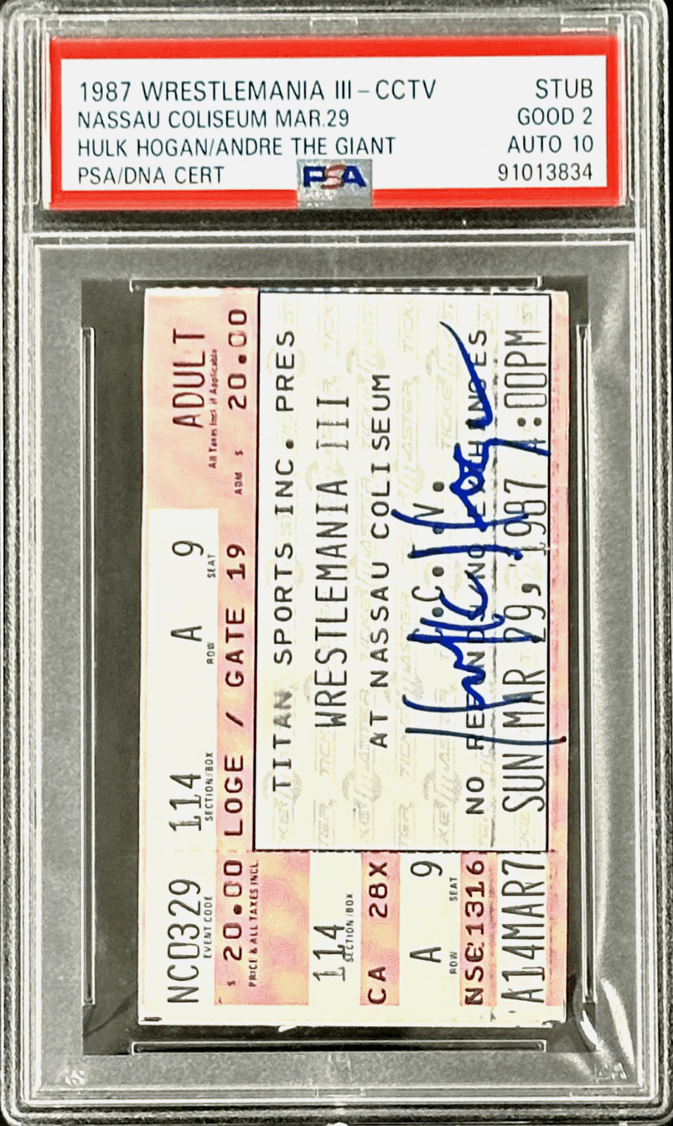 Hulk Hogan Signed WrestleMania III Ticket CCTV Stub PSA “Hogan Slams ANDRE” Hulk Hogan Ticket Stub hulk-hogan-wrestlemania-iii-cctv-slams, view 2, supplier stock photo