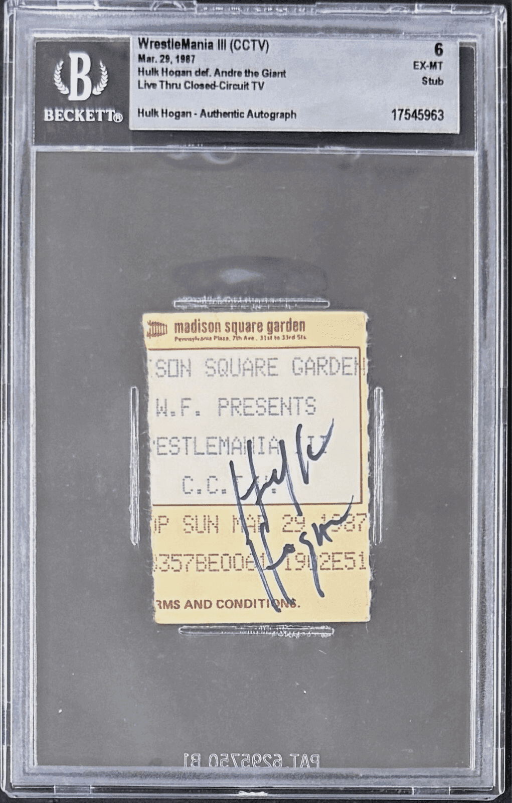 Hulk Hogan Signed WrestleMania III CCTV Ticket Stub Beckett “Hogan Slams ANDRE” Hulk Hogan Ticket Stub hulk-hogan-wrestlemania-iii-cctv-slams, supplier stock photo