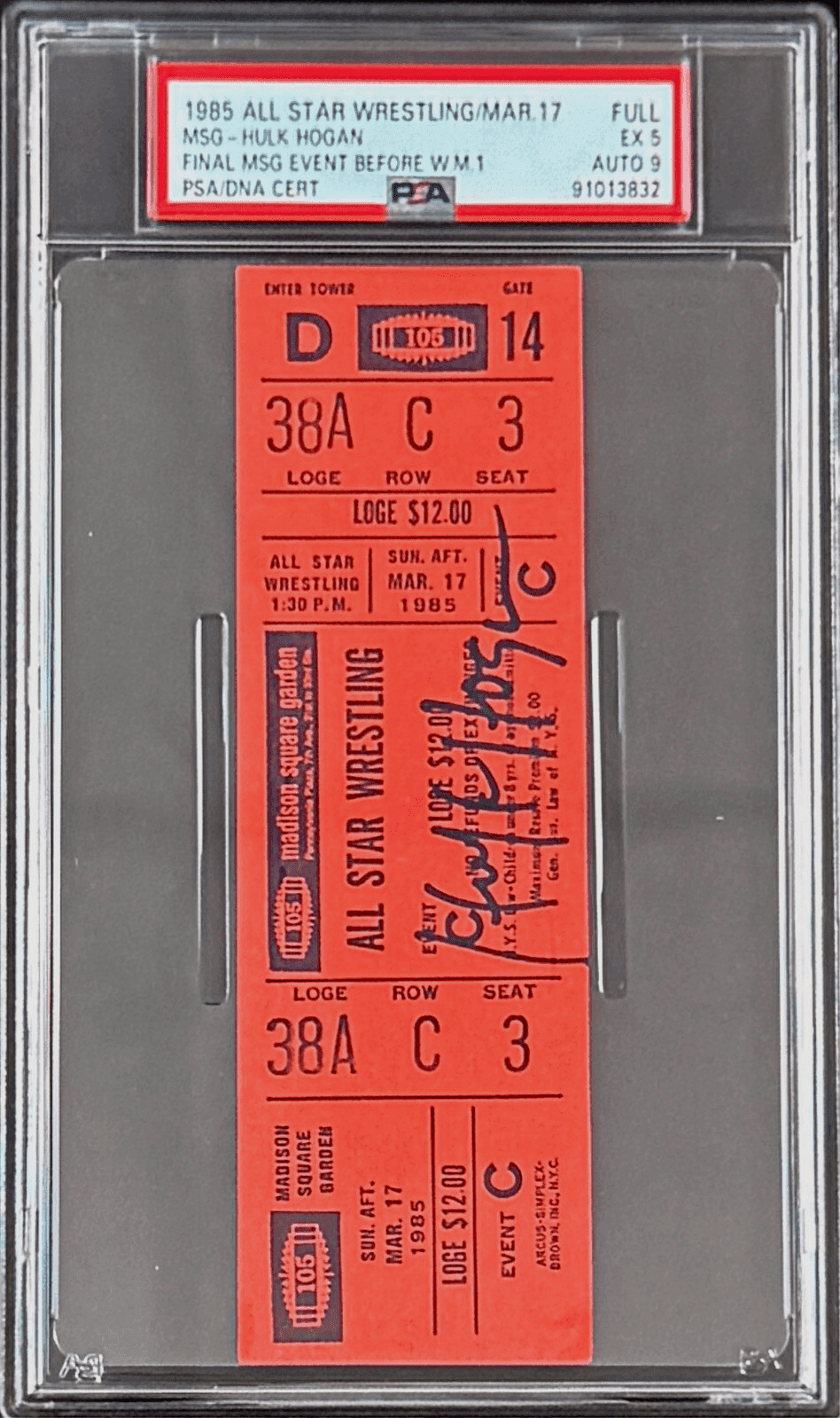 Hulk Hogan Signed WWF 1985 All Star Wrestling MSG Full Ticket PSA 5 EX Auto 9 Hulk Hogan Ticket Stub hulk-hogan-wwf-1985-all-star, view 2, supplier stock photo