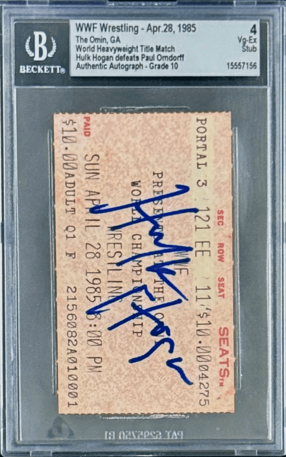 Hulk Hogan Signed WWF Ticket Stub Vs Paul Orndorff Tittle Match Beckett 4 VG-EX Hulk Hogan Ticket Stub hulk-hogan-wwf-vs-paul-orndorff, view 2, supplier stock photo