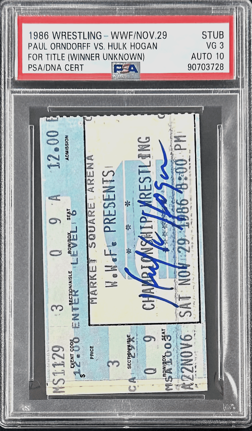Hulk Hogan vs Paul Orndorff for The Title Signed 1986 WWF Ticket Stub PSA VG 3 Hulk Hogan Ticket Stub hulk-hogan-vs-paul-orndorff-title, view 2, supplier stock photo