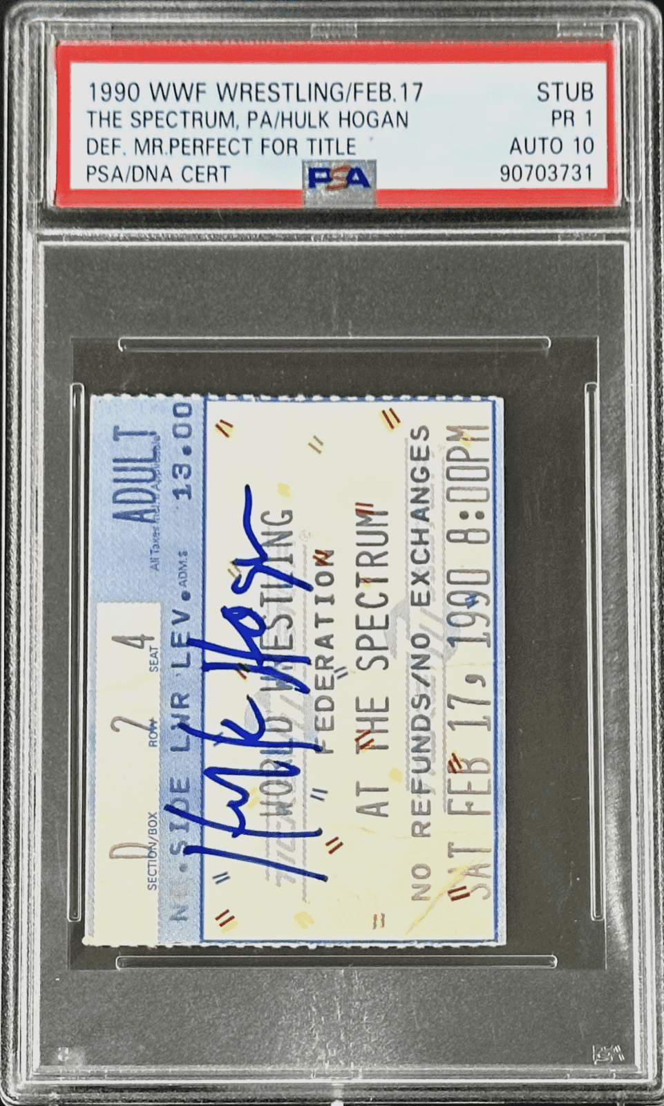 Hulk Hogan Def Mr. Perfect for The Title Signed 1990 WWF Ticket Stub PSA PR 1 Hulk Hogan Ticket Stub hulk-hogan-def-mr-perfect-title, view 2, supplier stock photo