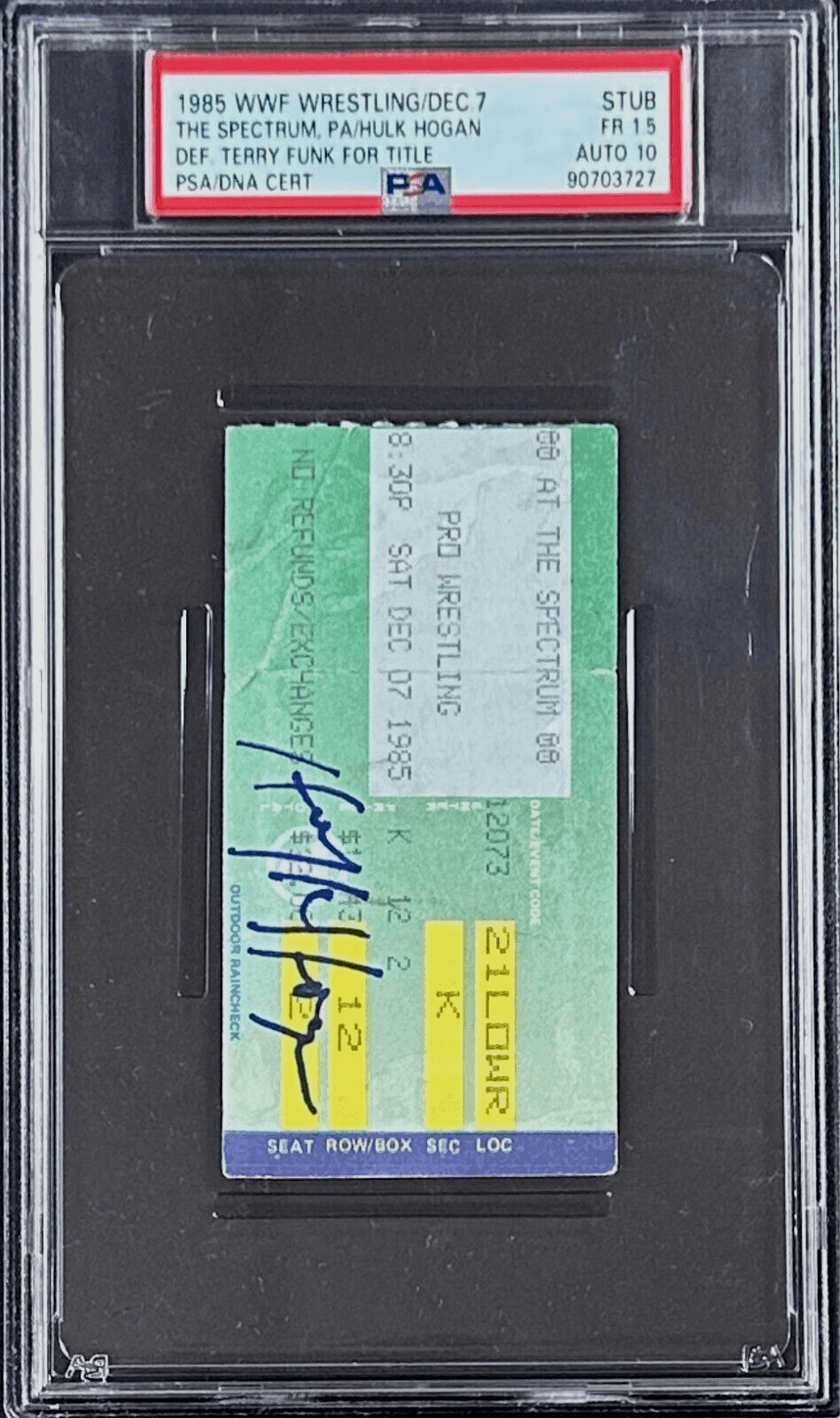 Hulk Hogan Def. Terry Funk for The Title Signed 1985 WWF Ticket Stub PSA FR 1.5 Hulk Hogan Ticket Stub hulk-hogan-def-terry-funk-title, view 2, supplier stock photo
