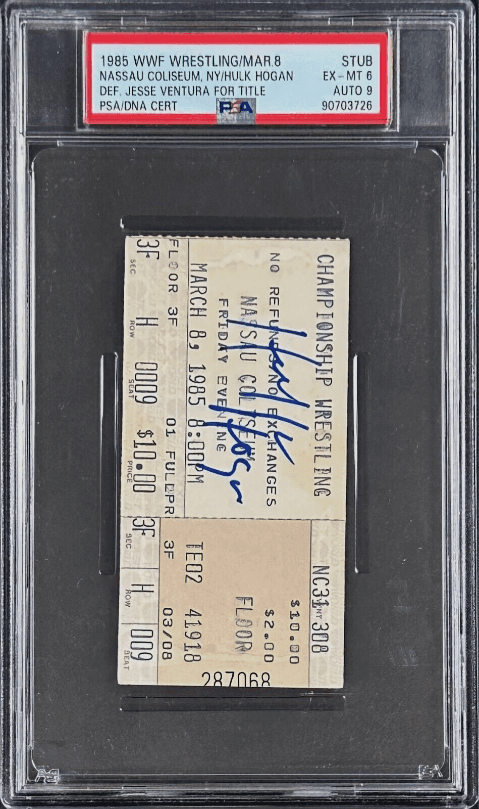 Hulk Hogan Def Jesse Ventura for Title Signed 1985 WWF Ticket Stub PSA EX-MT 6 Hulk Hogan Ticket Stub hulk-hogan-def-jesse-ventura-title, view 2, supplier stock photo