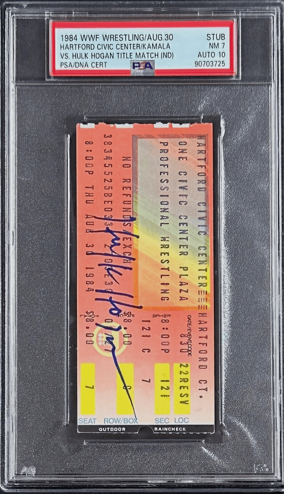 Hulk Hogan vs Kamala Title Match Signed 1984 WWF Ticket Stub PSA NM 7 Auto 10 Hulk Hogan Ticket Stub hulk-hogan-vs-kamala-title-match, view 2, supplier stock photo