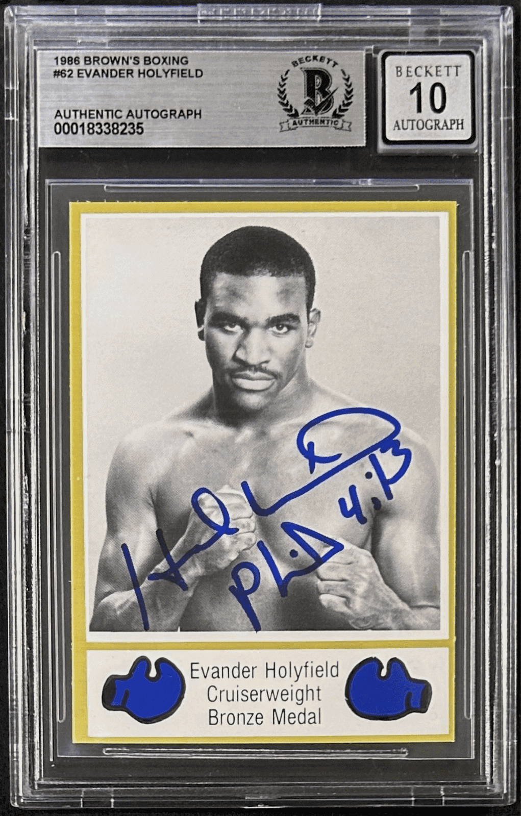 Evander Holyfield Signed 1986 Brown’s Boxing Rookie Card #62 BAS 18338235 Auto10 Evander Holyfield Card 18338235, supplier stock photo