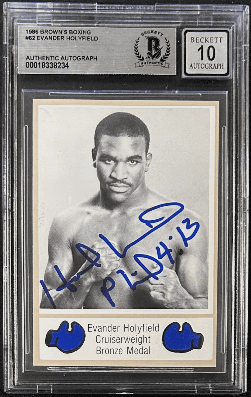 Evander Holyfield Signed 1986 Brown’s Boxing Rookie Card #62 BAS 18338234 Auto10 Evander Holyfield Card 18338235, supplier stock photo