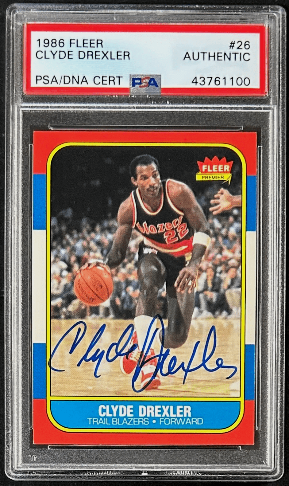 Clyde Drexler Signed Autographed 1986-87 Fleer Card #26 PSA/DNA 43761100 Clyde Drexler Card 43761100, Portland Trail Blazers, supplier stock photo
