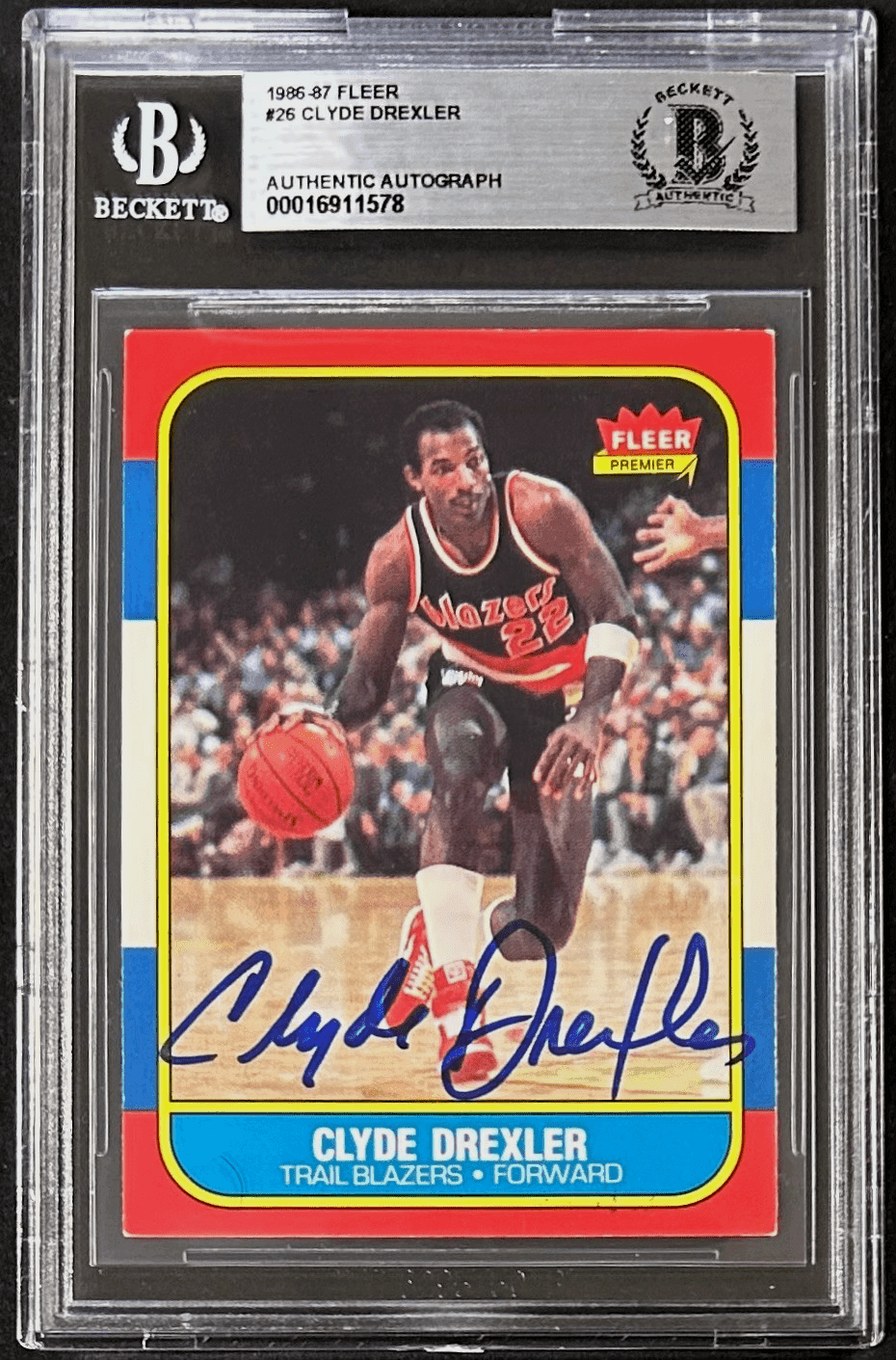 Clyde Drexler Signed Autographed 1986-87 Fleer Card #26 Beckett 16911578 Clyde Drexler Card 16911578, Portland Trail Blazers, supplier stock photo