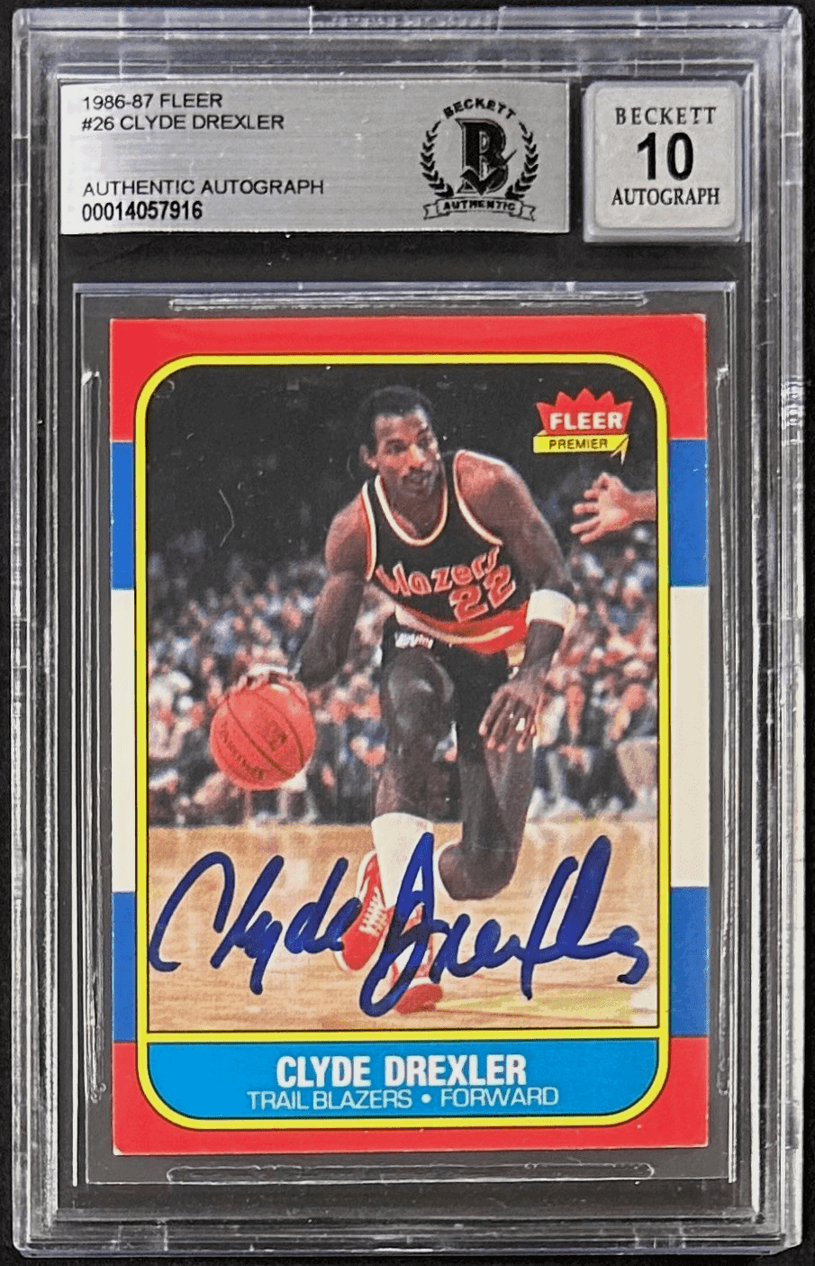Clyde Drexler Signed Autographed 1986-87 Fleer Card #26 Beckett 14057916 Auto 10 Clyde Drexler Card 14057916, Portland Trail Blazers, supplier stock photo