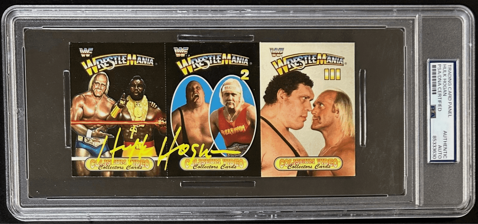 Hulk Hogan Signed WWF WreslteMania 1 2 & 3 Coliseum Video Collectors Cards PSA Hulk Hogan Card hulk-hogan-wwf-wresltemania-1-2, supplier stock photo
