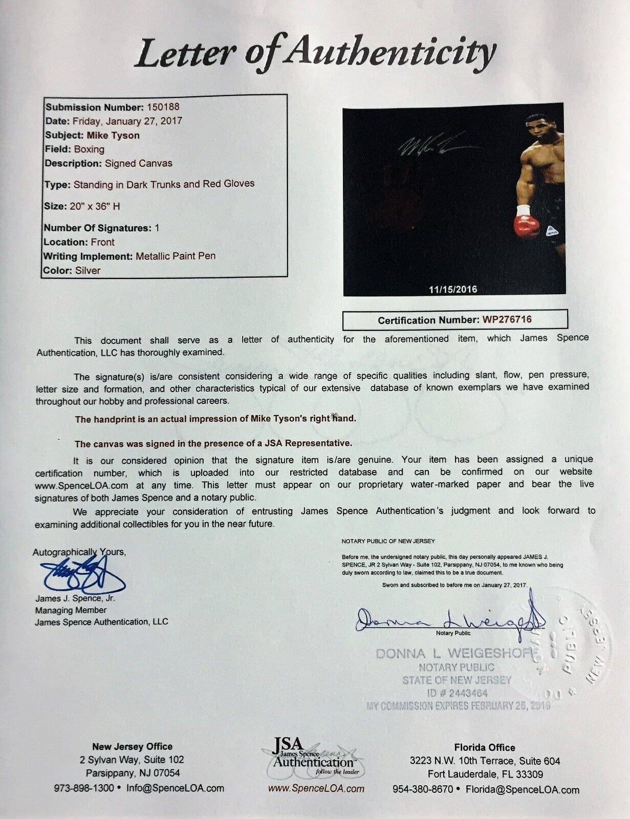 Mike Tyson Original Handprint Unstretched 20×36 Canvas Signed JSA #4 WP276716 Mike Tyson Canvas 20x36-original-handprint-unstretched-20-36-4, view 3, supplier stock photo