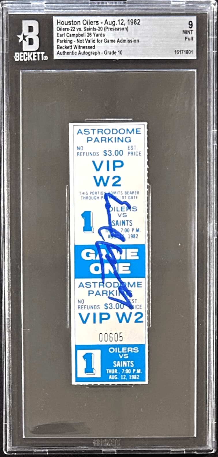 EARL CAMPBELL AUTOGRAPHED 1982 OILERS PARKING PASS BECKETT AUTO 10 MINT 9 Earl Campbell Ball earl-campbell-1982-parking-pass-auto, Houston Oilers, supplier stock photo