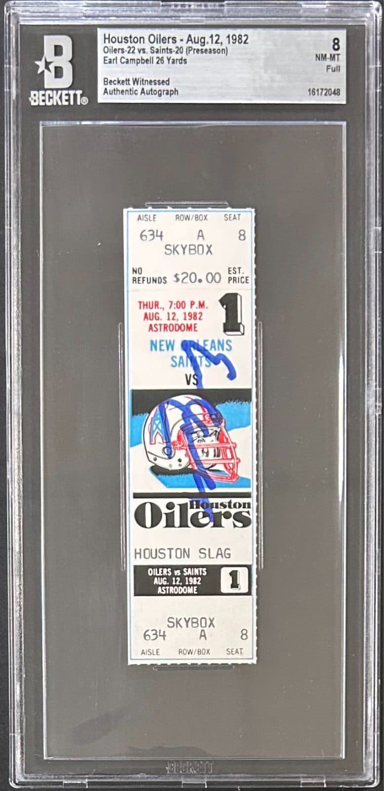 EARL CAMPBELL AUTOGRAPHED 1982 OILERS PRESEASON TICKET BECKETT AUTO 10 NM-MT 8 Earl Campbell Ticket Stub earl-campbell-1982-preseason-auto-10, Houston Oilers, supplier stock photo