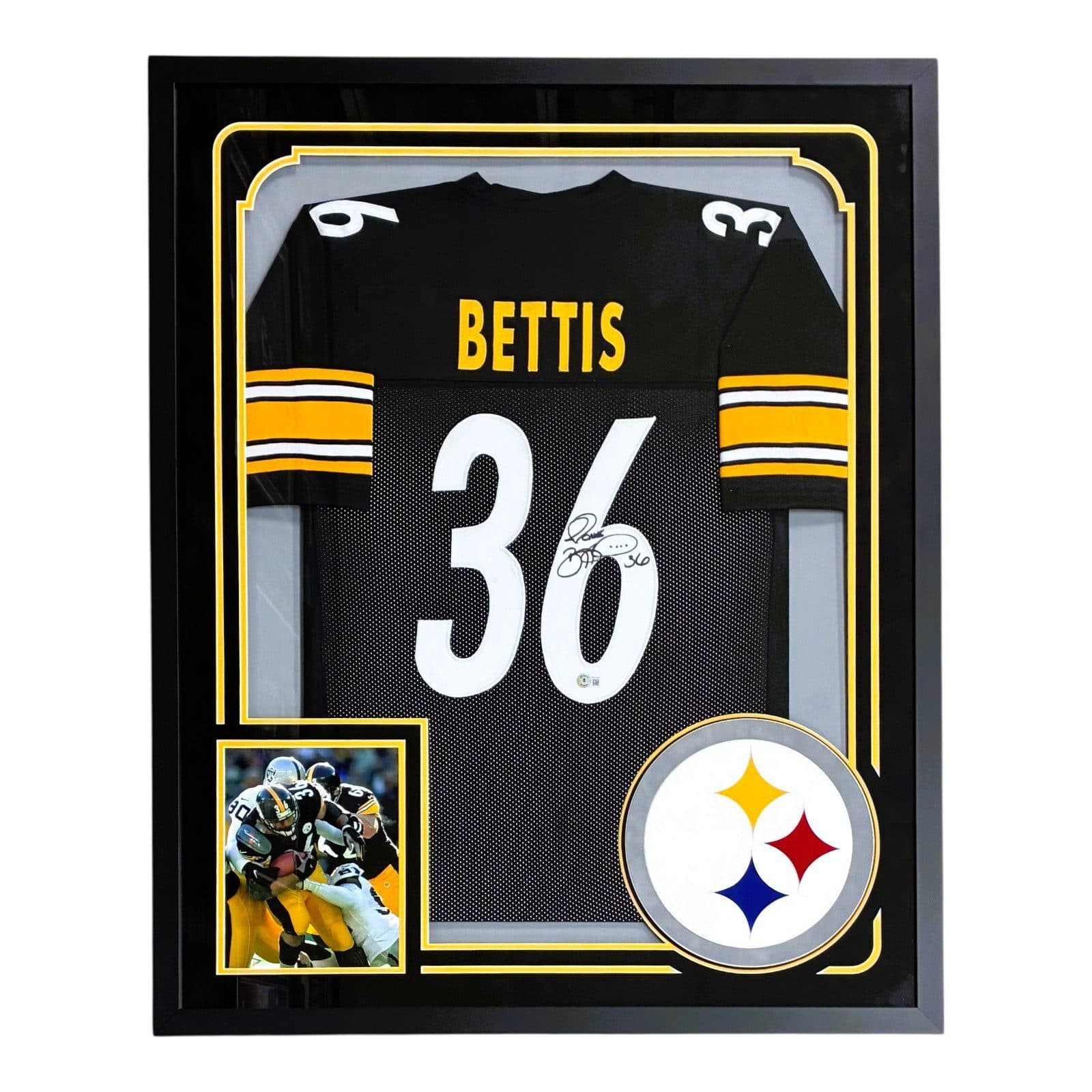 JEROME BETTIS AUTOGRAPHED FRAMED BLACK/YELLOW JERSEY BECKETT Jerome Bettis Jersey jerome-bettis-framed-black-yellow, supplier stock photo