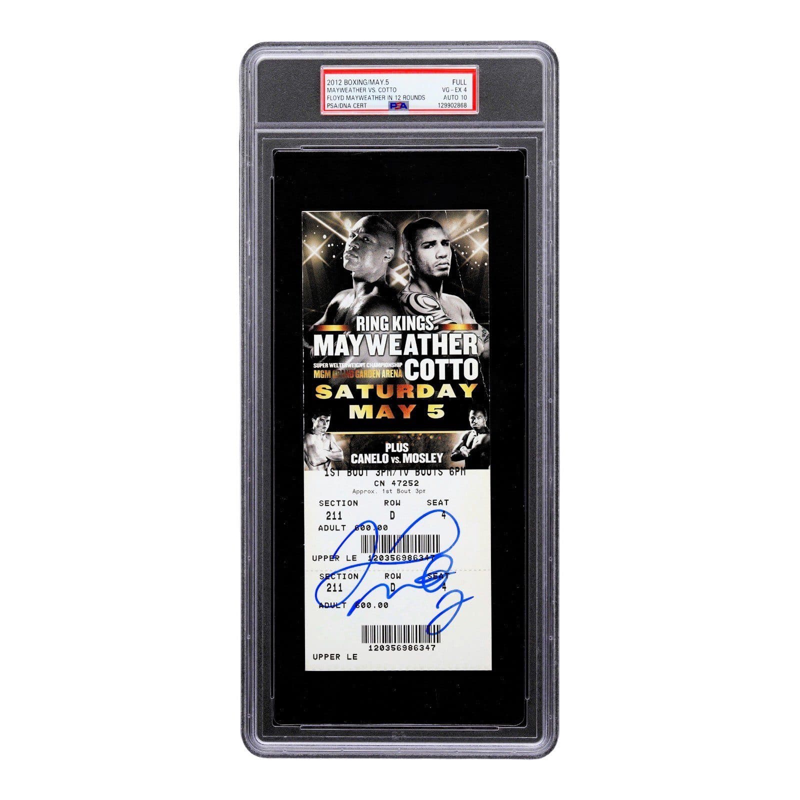 FLOYD MAYWEATHER JR. SIGNED MAYWEATHER VS COTTO 5/5/2012 TICKET PSA 4 POP 1 Floyd Mayweather Jr. Ticket Stub floyd-mayweather-jr-vs-cotto-5, supplier stock photo