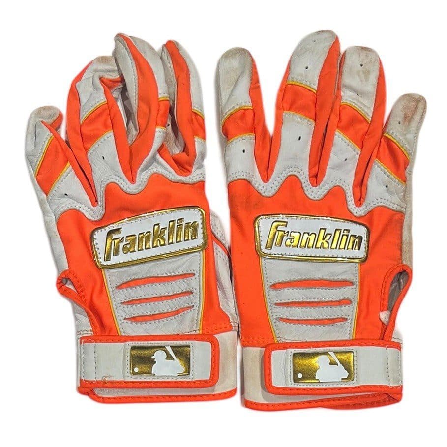 JEREMY PENA HOUSTON ASTROS GAME USED FRANKLIN BATTING GLOVES ORANGE GOLD WHITE Jeremy Peña Glove jeremy-pena-game-used-franklin-batting, Houston Astros, supplier stock photo
