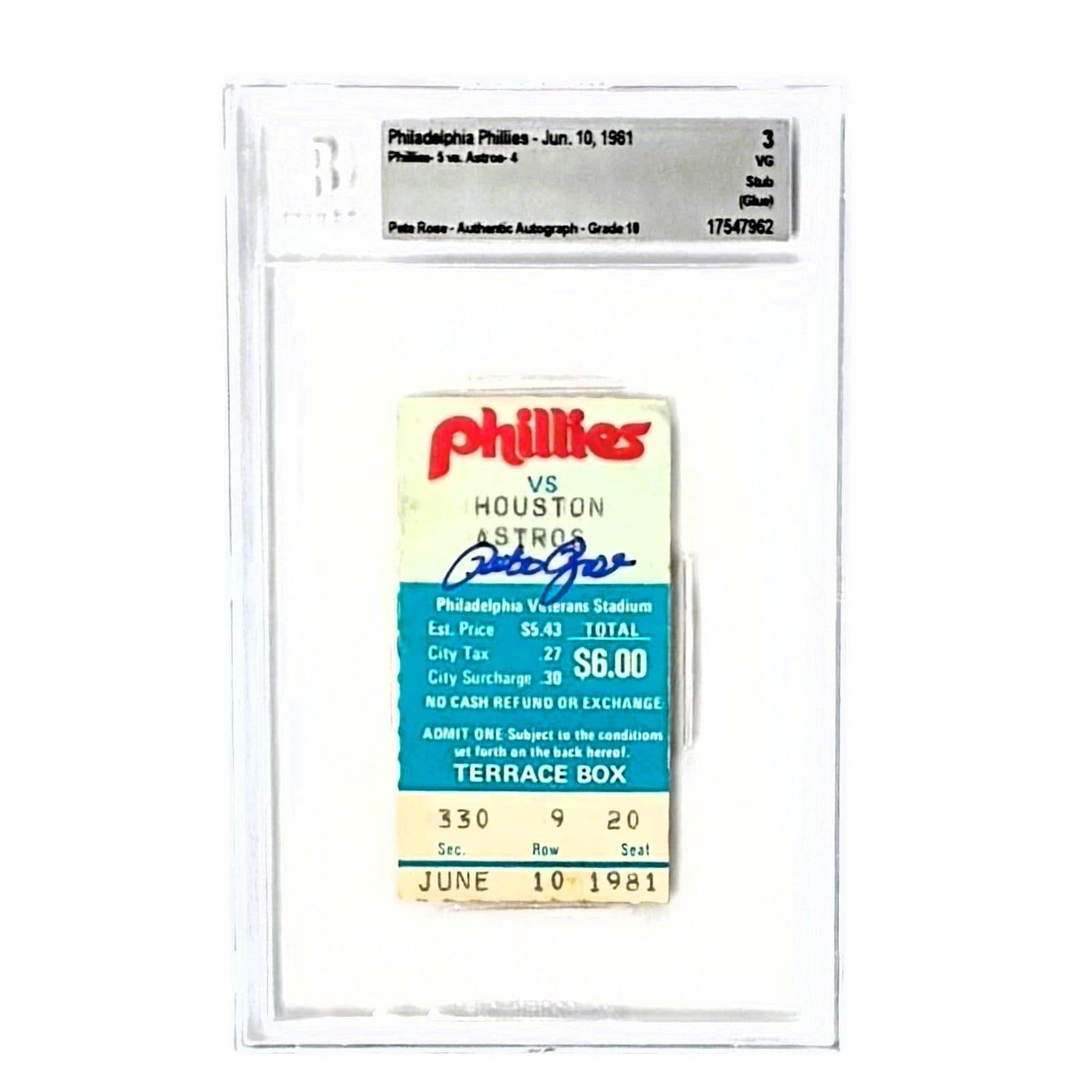 PETE ROSE AUTOGRAPHED TICKET STUB 7/10/1981 BECKETT 3 VG AUTO 10 17547962 Pete Rose Ticket Stub 17547962, Philadelphia Phillies, supplier stock photo