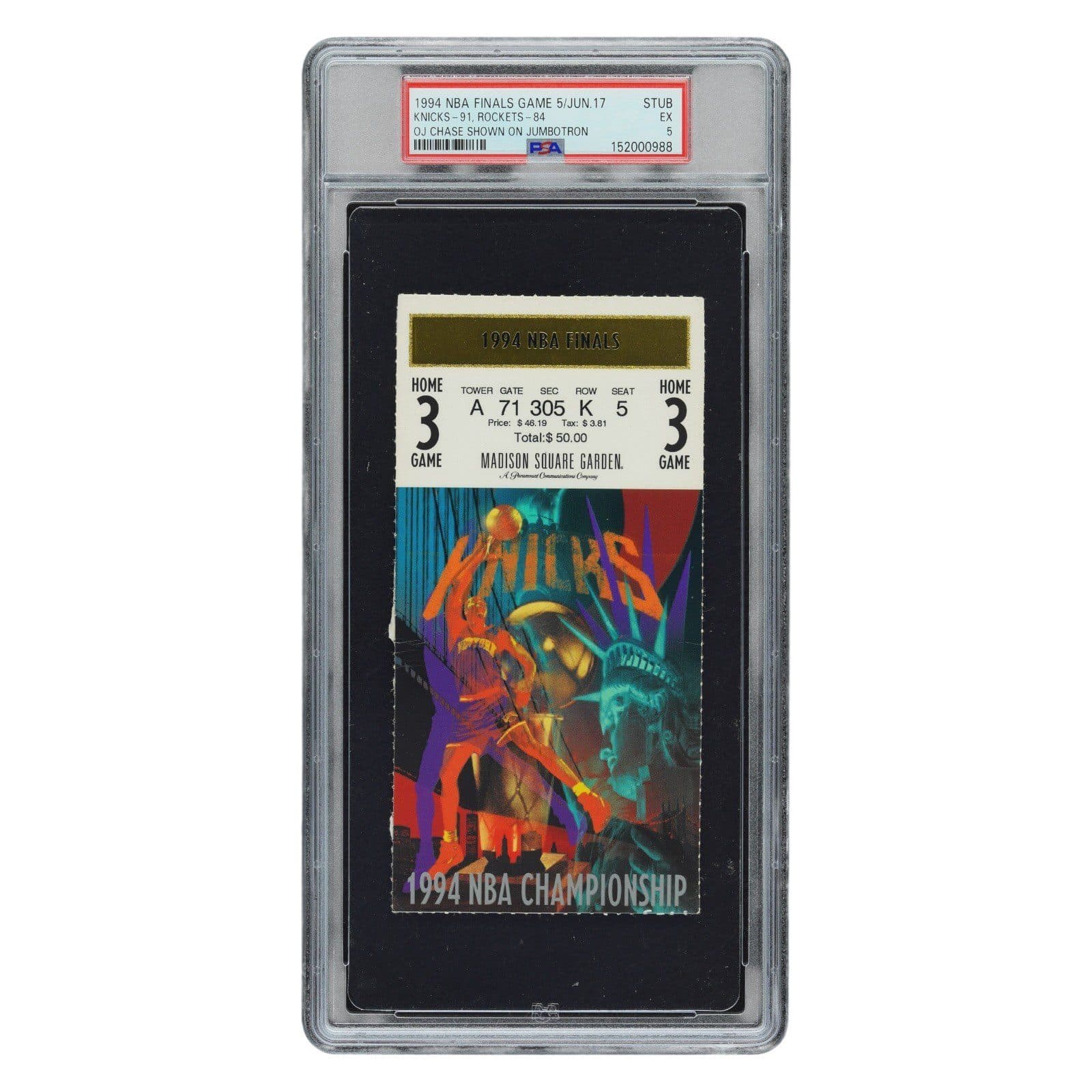 NBA Finals 1994 June 17 Rockets Knicks OJ Simpson Chase Gm 5 Ticket Stub PSA 5 Ticket Stub nba-finals-1994-june-17-rockets, New York Knicks, supplier stock photo