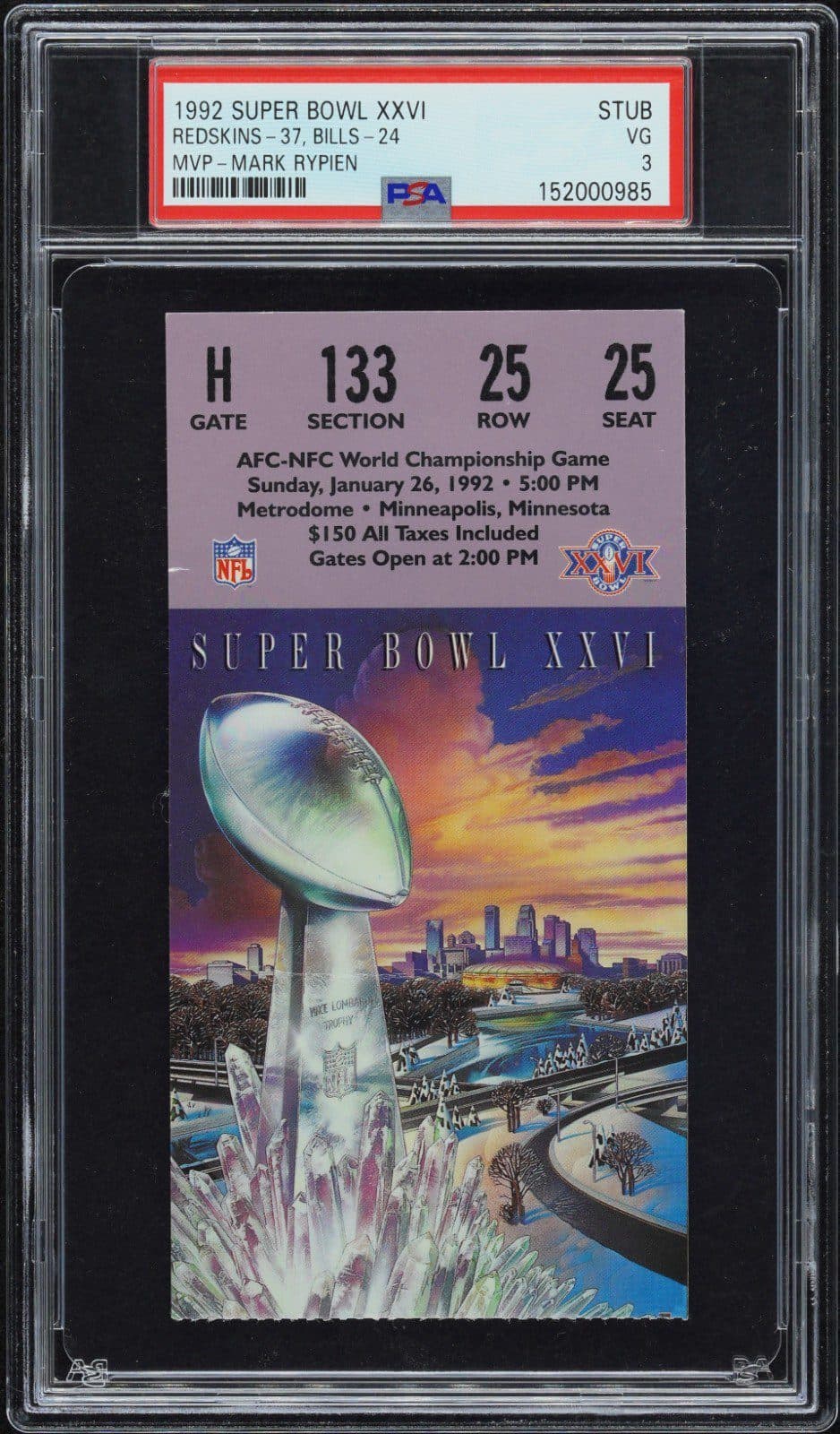 1992 SUPER BOWL XXVI REDSKINS vs BILLS TICKET STUB PSA 3 MARK RYPIEN SB MVP Ticket Stub 1992-super-bowl-xxvi-redskins-vs, supplier stock photo