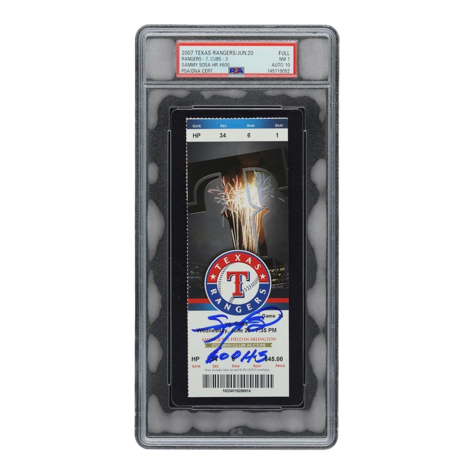 SAMMY SOSA SIGNED HOME RUN #600 FULL TICKET 6/20/2007 PSA 145719052 NM 7 Sammy Sosa Ticket Stub 145719052, Chicago Cubs, supplier stock photo