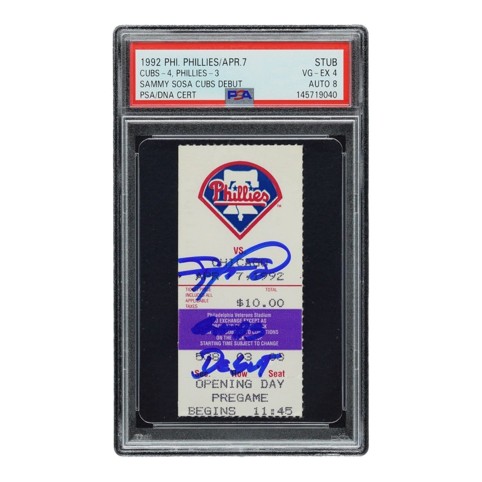 SAMMY SOSA SIGNED CUBS DEBUT TICKET STUB 4/7/1992 PSA 145719040 VG-EX 4 Sammy Sosa Ticket Stub 145719040, Chicago Cubs, supplier stock photo