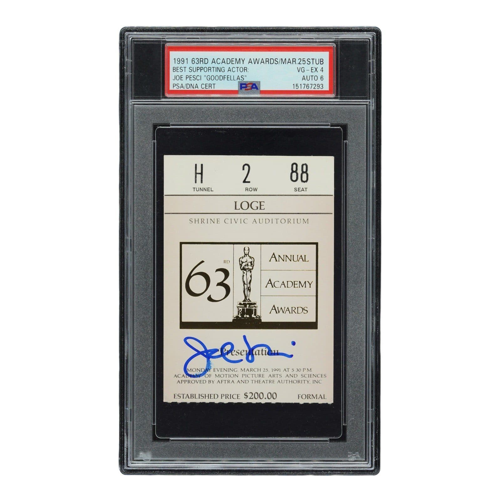 JOE PESCI SIGNED 1991 ACADEMY AWARDS TICKET STUB PSA VGEX 4 151767293 GOODFELLAS Joe Pesci Ticket Stub 151767293, supplier stock photo