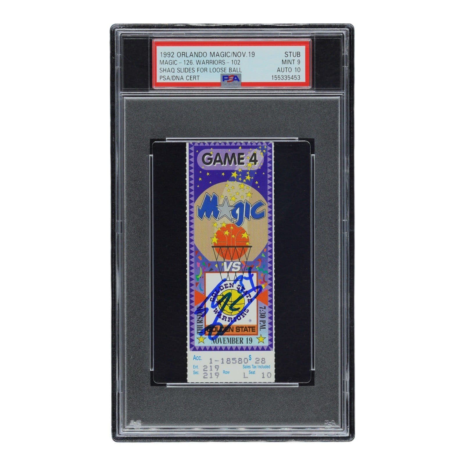 SHAQUILLE O’NEAL SIGNED SHAQ SLIDES FOR LOOSE BALL TICKET STUB PSA 9 155335453 Shaquille O'Neal Ticket Stub 155335453, Orlando Magic, supplier stock photo