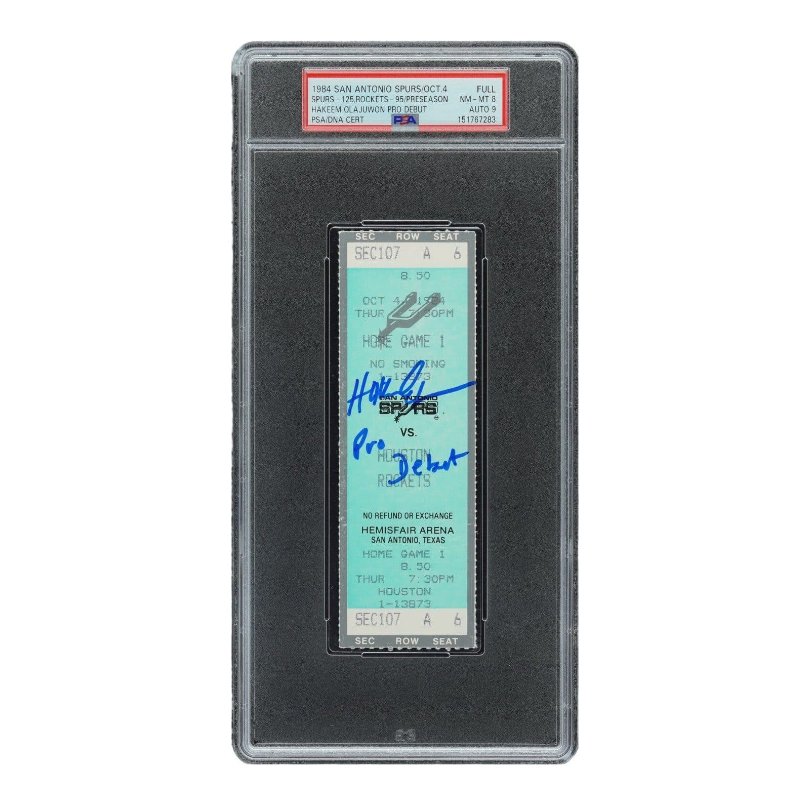 HAKEEM OLAJUWON SIGNED PRO DEBUT PRESEASON FULL TICKET PSA NM-MT 8 151767283 Hakeem Olajuwon Ticket Stub 151767283, Houston Rockets, supplier stock photo