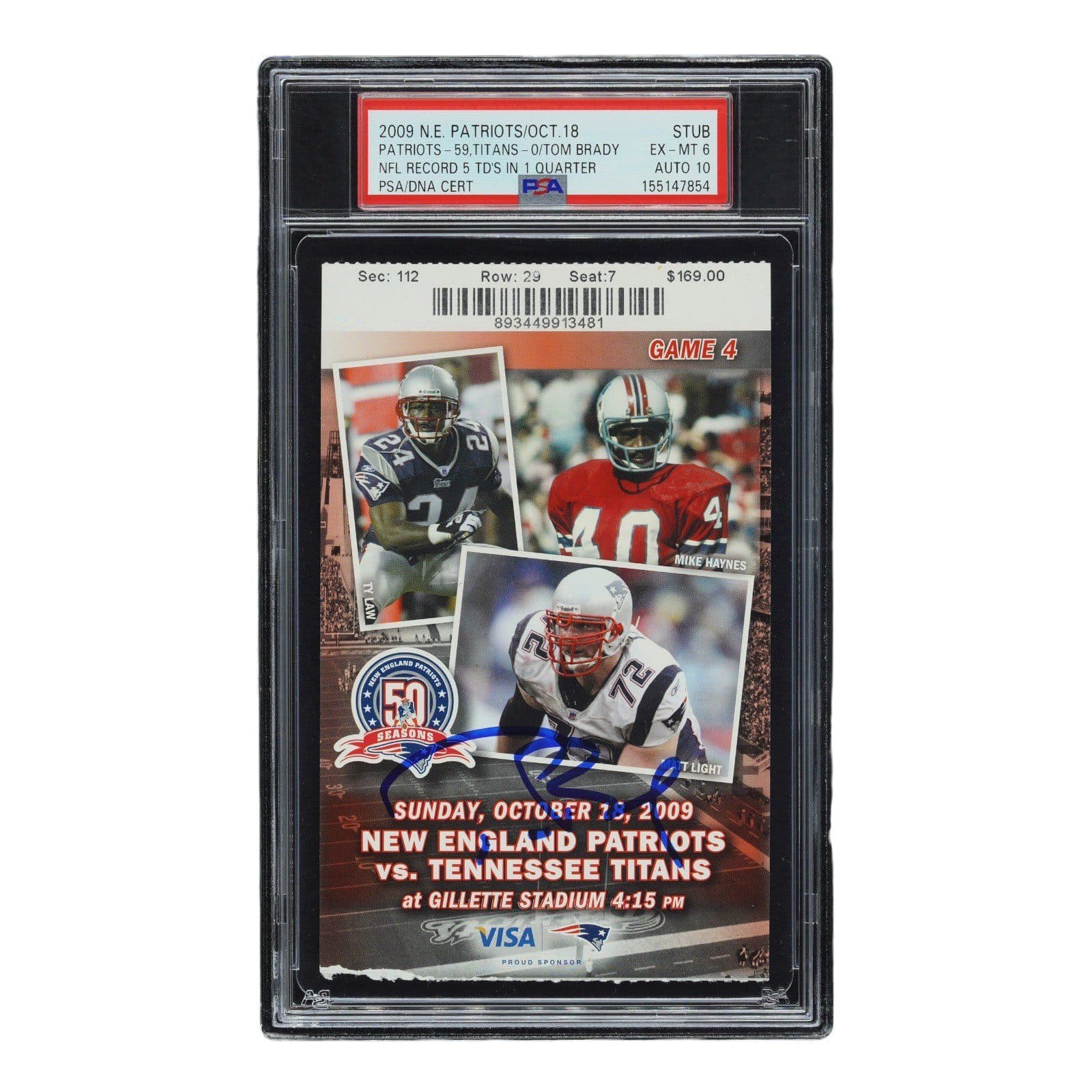 TOM BRADY SIGNED NFL RECORD 5 TDs IN 1 QUARTER FULL TICKET PSA 6 155147854 POP 1 Tom Brady Ticket Stub 155147854, New England Patriots, supplier stock photo