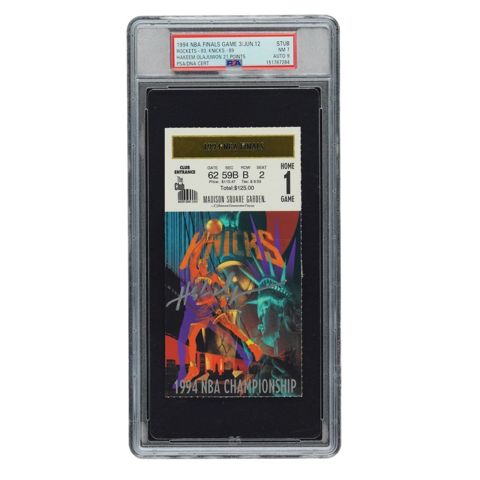 HAKEEM OLAJUWON SIGNED 1994 NBA FINALS GAME 3 TICKET STUB PSA 7 KNICKS ROCKETS Hakeem Olajuwon Ticket Stub hakeem-olajuwon-1994-nba-finals-game, Houston Rockets, supplier stock photo
