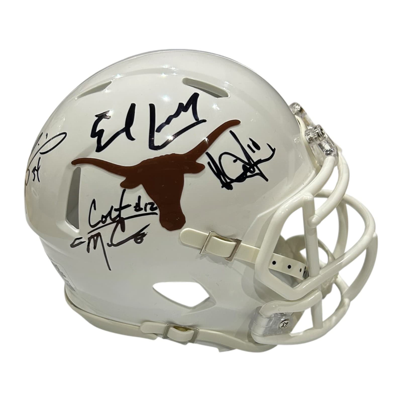 EARL CAMPBELL RICKY WILLIAMS VINCE YOUNG COLT MCCOY SIGNED TEXAS MINI HELMET JSA Ricky Williams Helmet earl-campbell-ricky-williams-vince-young, supplier stock photo