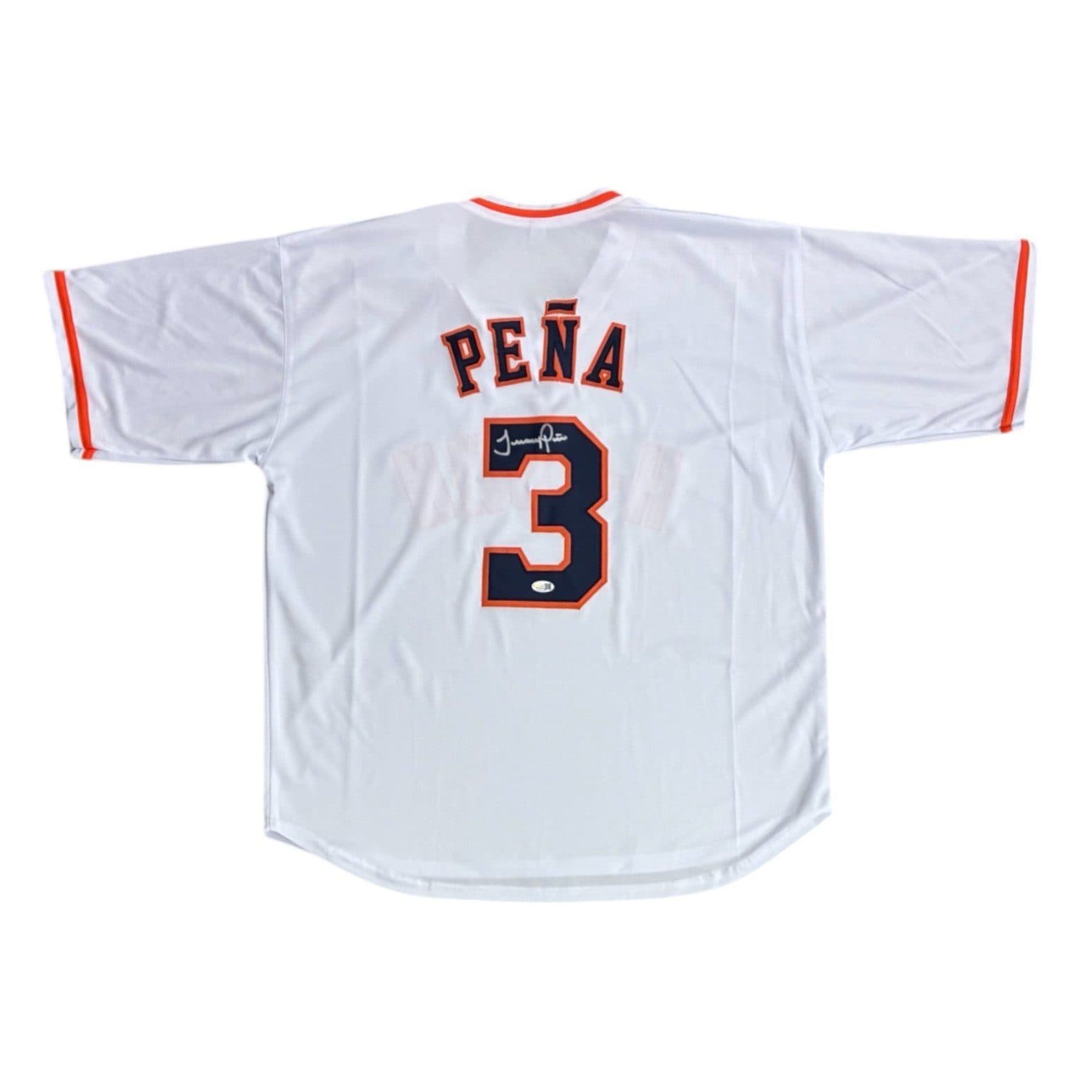 JEREMY PENA AUTOGRAPHED CUSTOM WHITE/BLUE/ORANGE JERSEY JSA AUTHENTICATION Jeremy Peña Jersey jeremy-pena-white-blue-orange, Houston Astros, supplier stock photo