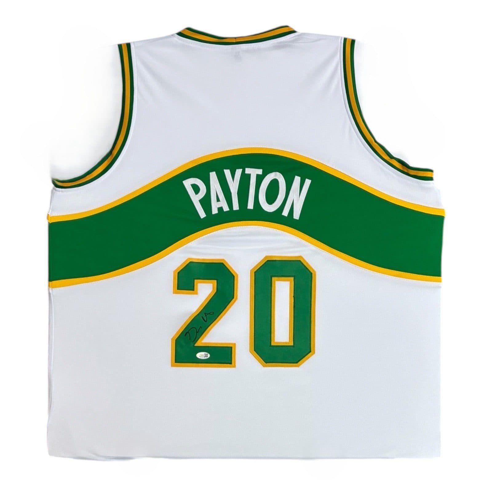 GARY PAYTON AUTOGRAPHED WHITE/GREEN/YELLOW JERSEY JSA AUTHENTICATED Gary Payton Jersey gary-payton-white-green-yellow, supplier stock photo