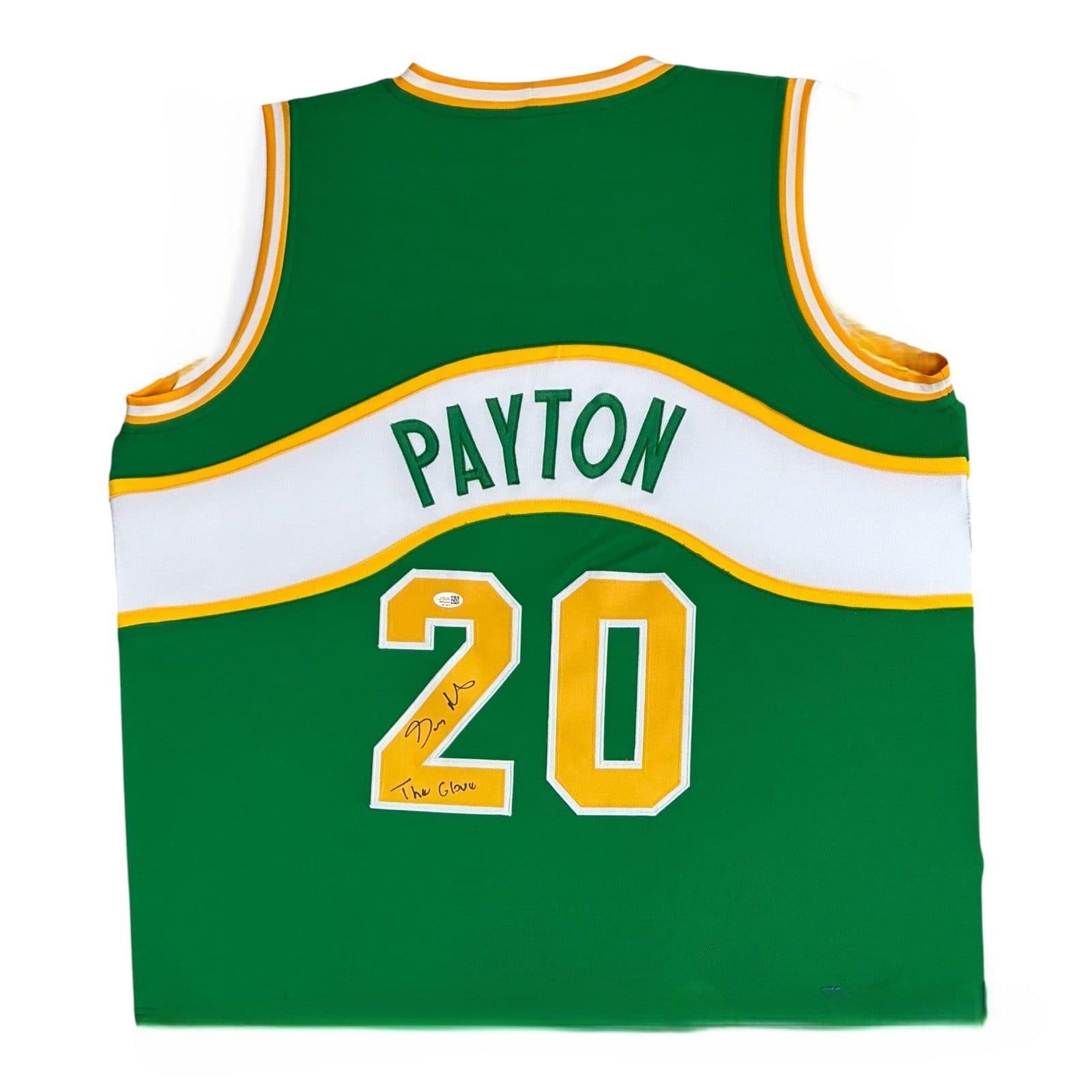 GARY PAYTON AUTOGRAPHED GREEN/YELLOW/WHITE JERSEY JSA AUTHENTICATED THE GLOVE Gary Payton Jersey gary-payton-green-yellow-white, supplier stock photo