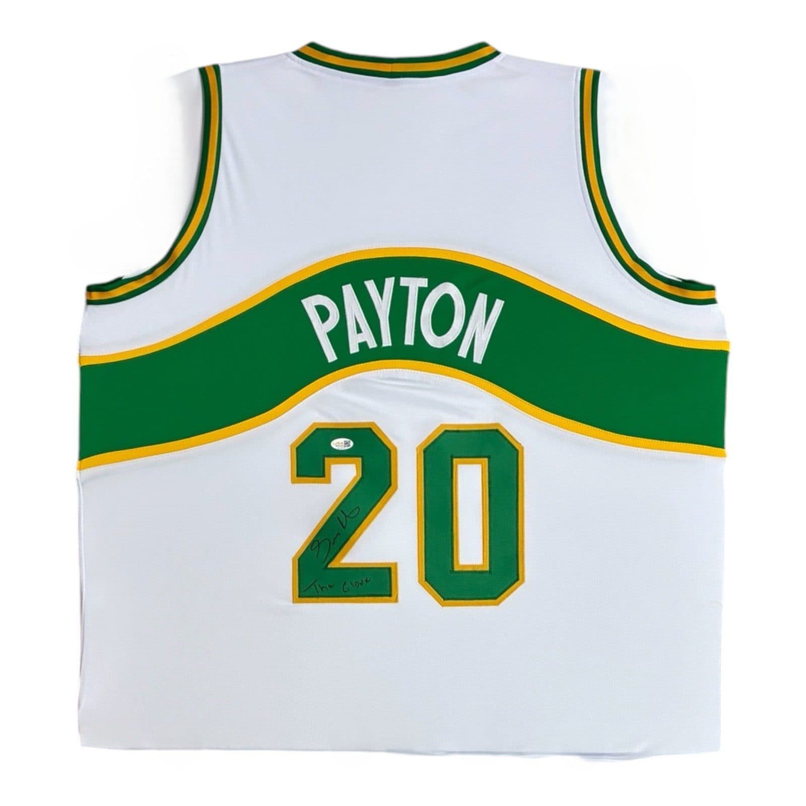 GARY PAYTON AUTOGRAPHED WHITE/GREEN/YELLOW JERSEY JSA AUTHENTICATED THE GLOVE Gary Payton Jersey gary-payton-white-green-yellow, supplier stock photo