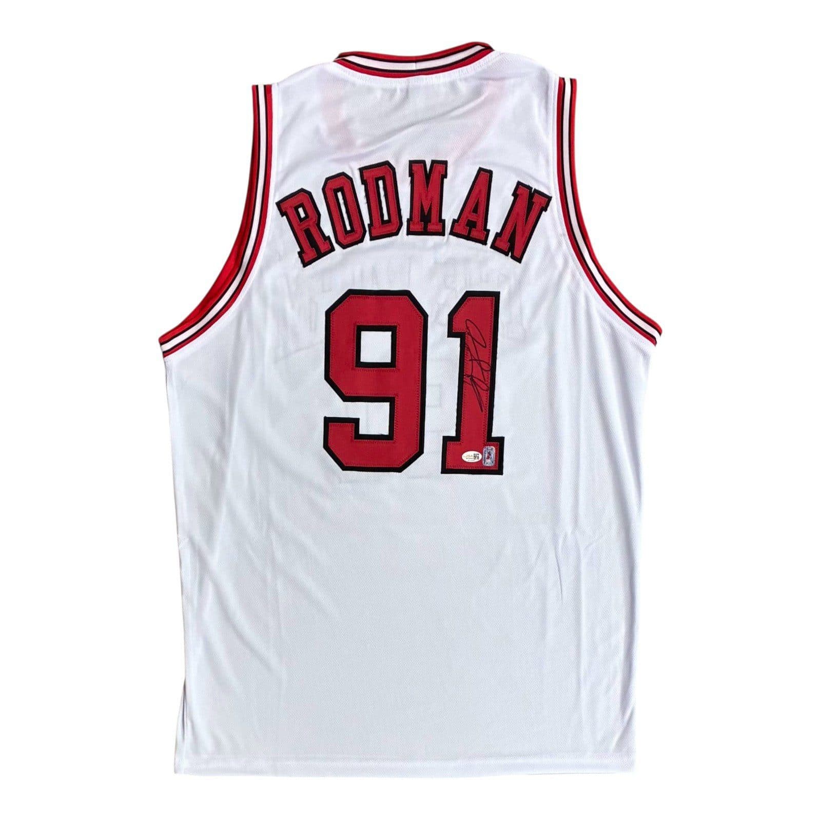 DENNIS RODMAN AUTOGRAPHED CUSTOM WHITE/RED JERSEY JSA AUTHENTICATION Dennis Rodman Jersey dennis-rodman-white-red, supplier stock photo