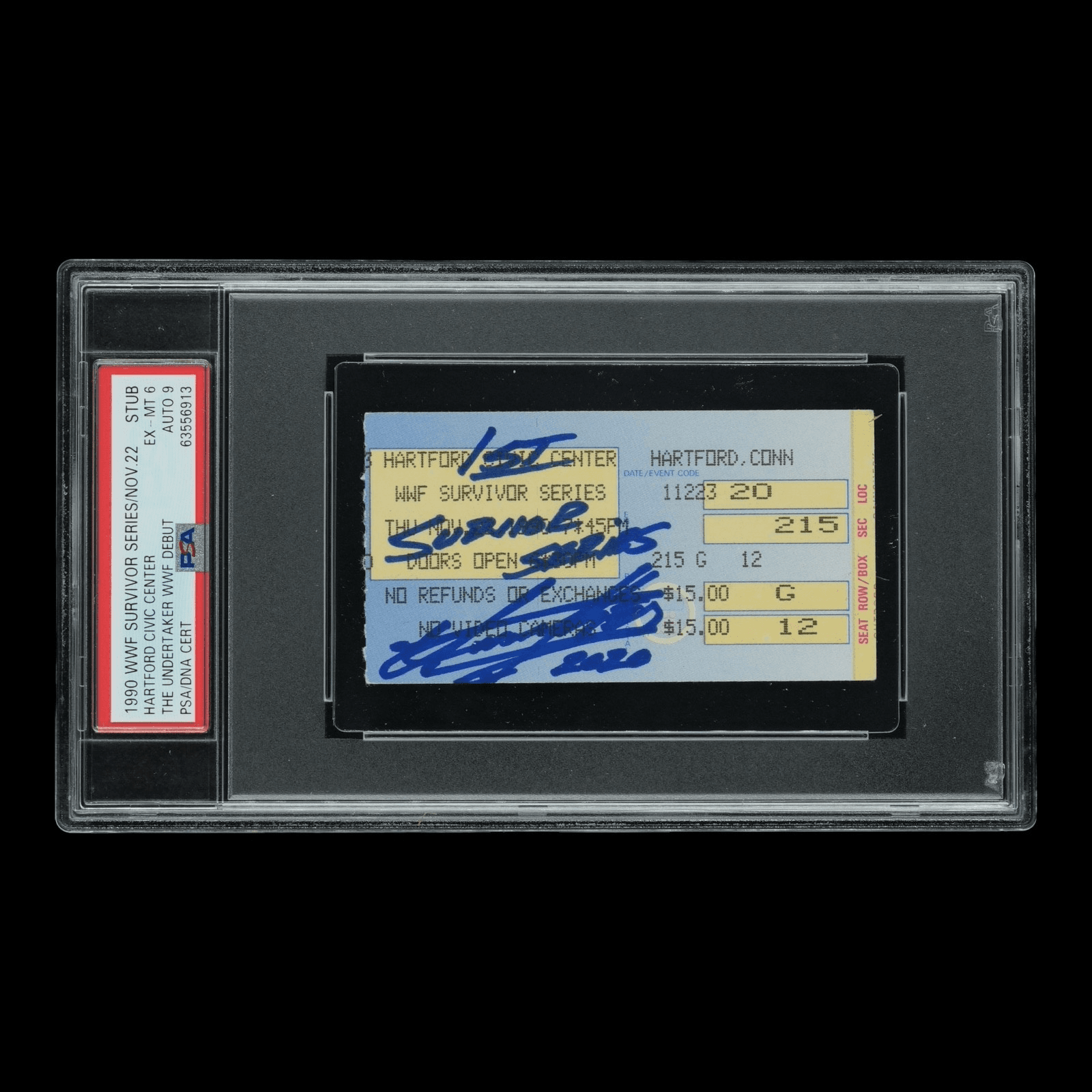 UNDERTAKER SIGNED 1990 SURVIVOR SERIES TICKET PSA 63556913 EX-MT 6 WWF DEBUT Undertaker Ticket Stub 63556913, supplier stock photo