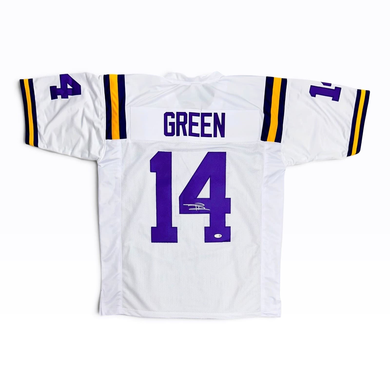 TREY’DEZ GREEN AUTOGRAPHED CUSTOM WHITE PURPLE YELLOW JERSEY JSA Jersey treydez-green-white-purple-yellow, supplier stock photo