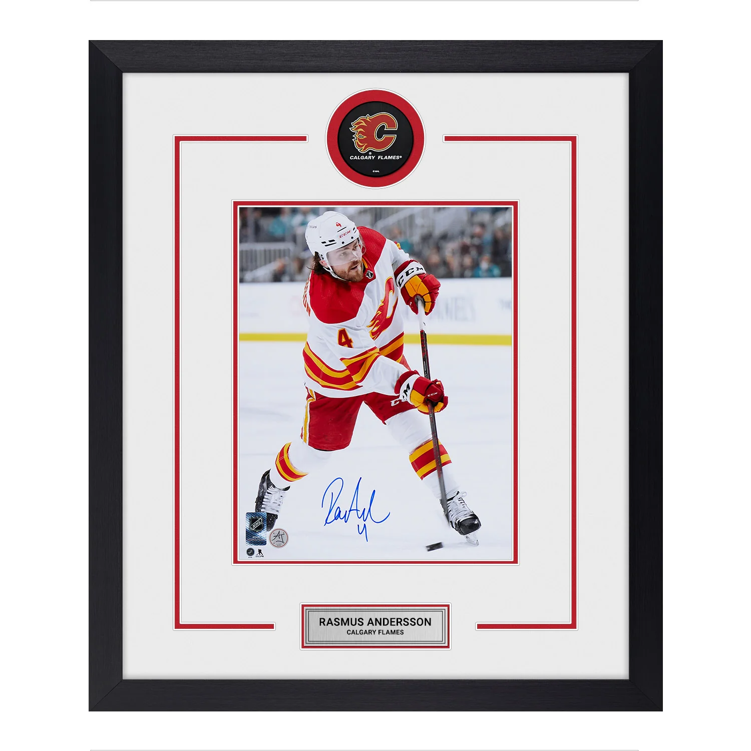 Rasmus Andersson Autographed Calgary Flames Puck Logo 23x27 Frame Rasmus Andersson Puck 23x27-logo-frame, Calgary Flames, supplier stock photo