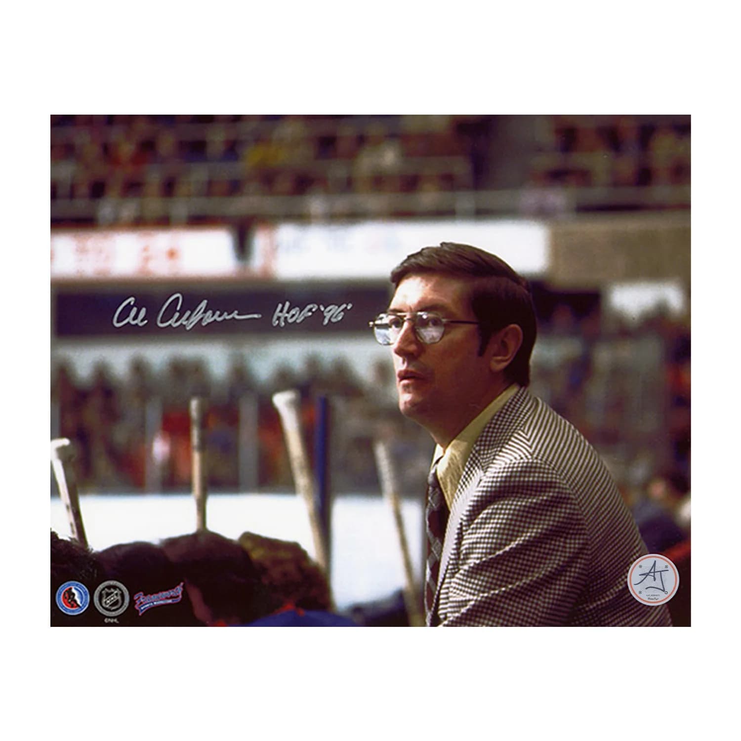 Al Arbour Autographed New York Islanders Bench Close-Up 8x10 Photo Al Arbour Photo 8x10-bench-close-up, New York Islanders, supplier stock photo