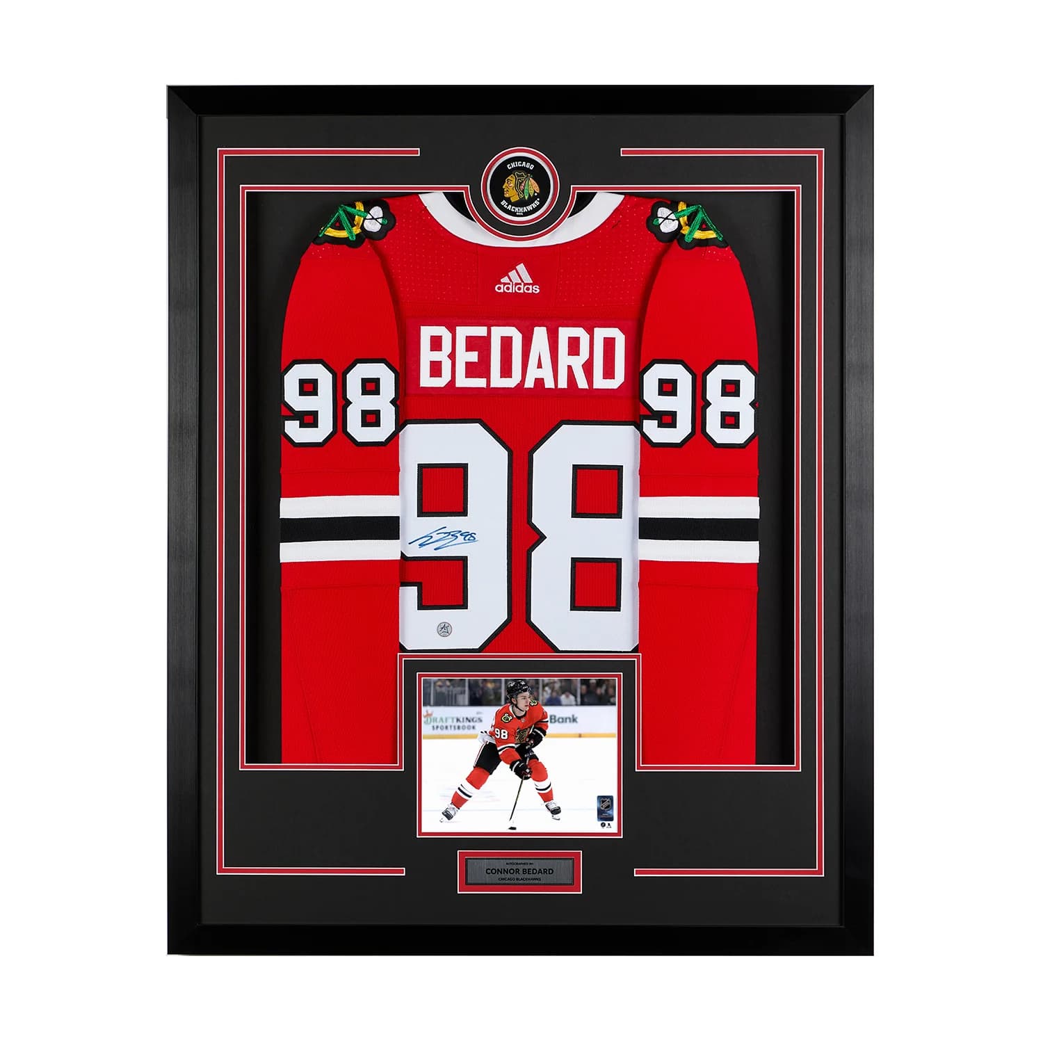 Connor Bedard Signed Chicago Blackhawks Puck Logo 36x44 Jersey Frame Connor Bedard Jersey 36x44-connor-bedard-logo-frame, Chicago Blackhawks, supplier stock photo