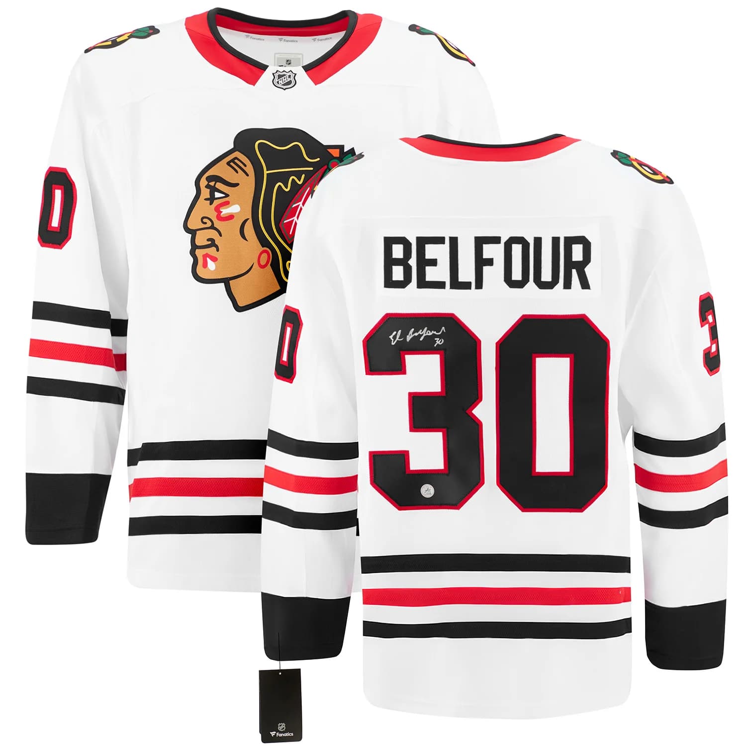 Ed Belfour Signed Chicago Blackhawks White Fanatics Breakaway Jersey Ed Belfour Jersey white-breakaway, Chicago Blackhawks, view 3, supplier stock photo