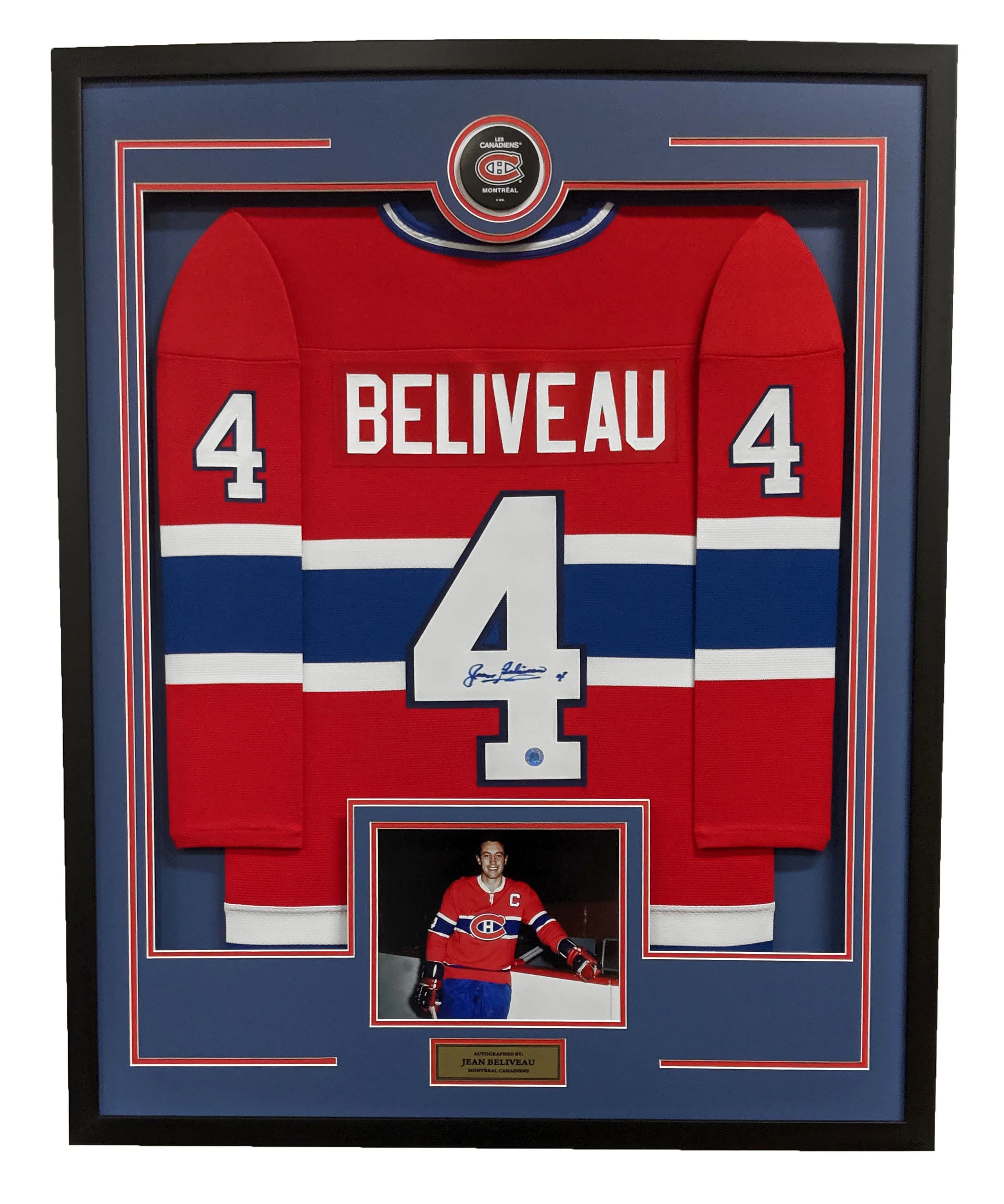 Jean Beliveau Signed Montreal Canadiens Puck Logo 36x44 Jersey Frame Jean Beliveau Jersey 36x44-logo-frame, Montreal Canadiens, supplier stock photo