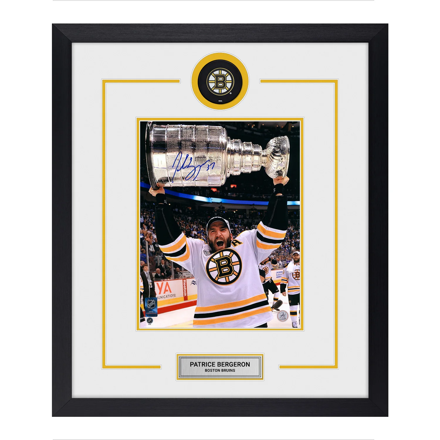 Patrice Bergeron Autographed Boston Bruins Puck Logo 22x26 Frame Patrice Bergeron Puck 22x26-logo-frame, Boston Bruins, supplier stock photo